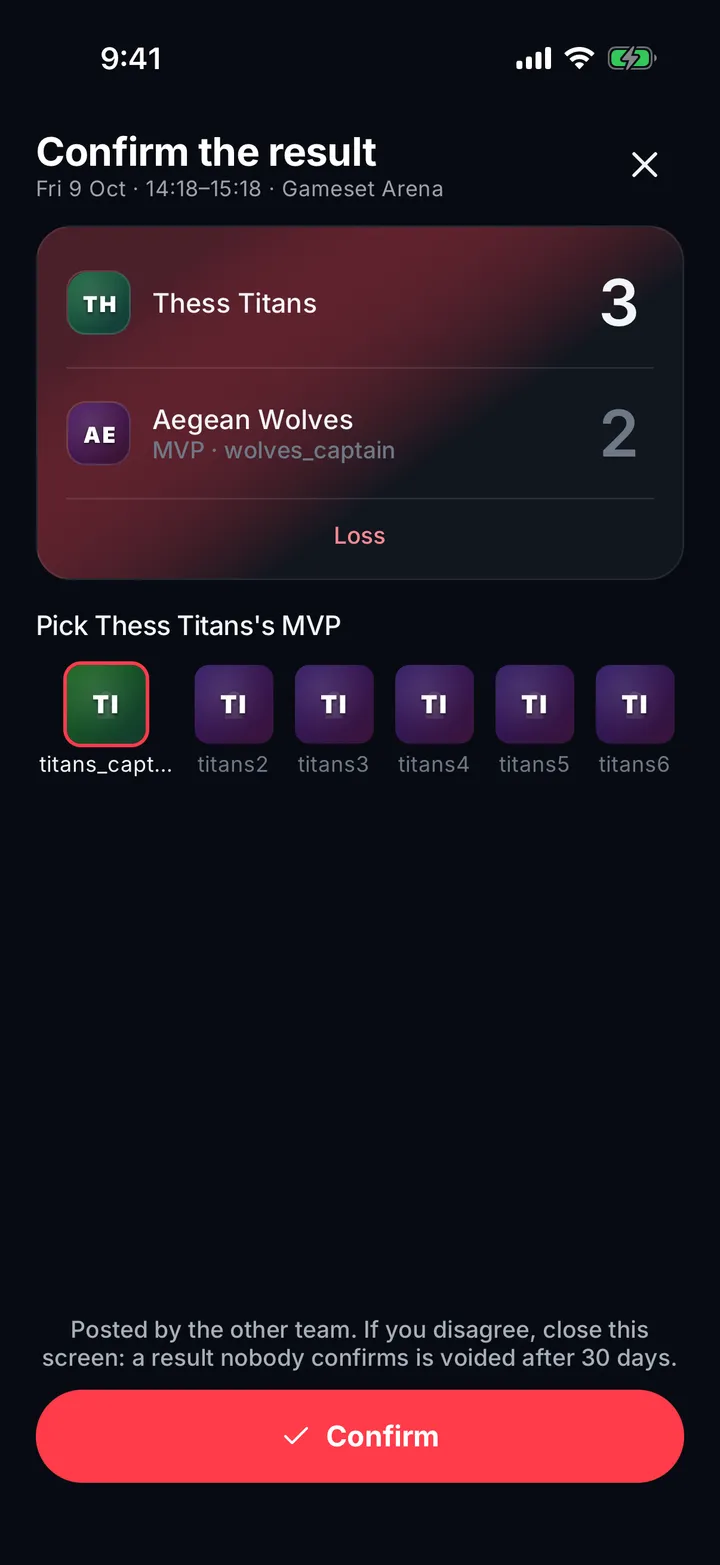 Confirming a result and picking the other team’s MVP