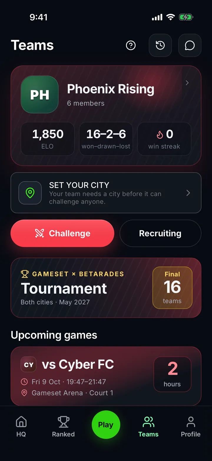 A team page in the app, with its members, ELO and upcoming fixtures