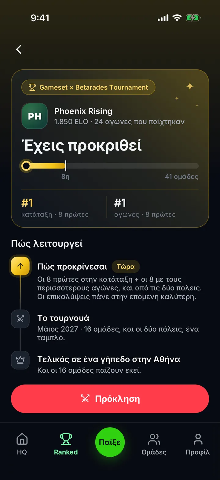 Η οθόνη του τουρνουά στην εφαρμογή Gameset, με το πώς προκρίνεται μια ομάδα
