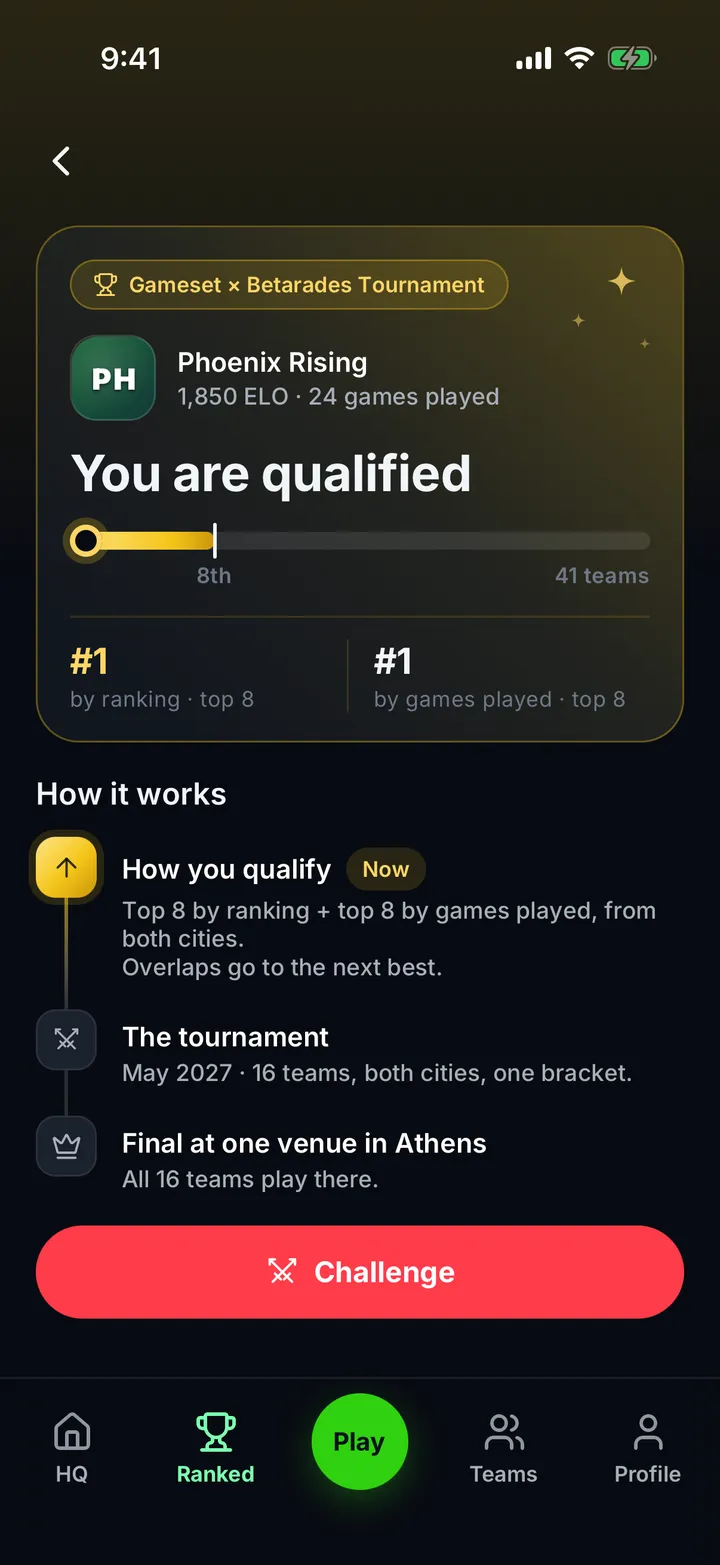 The tournament screen in the Gameset app, showing how a team qualifies